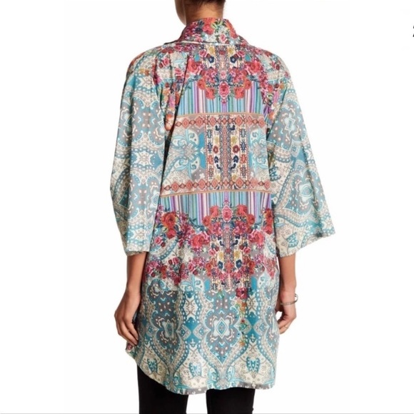 Johnny Was Brock pink blue red floral print tie front kimono duster top medium - Picture 2 of 13